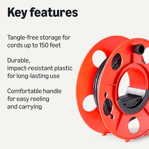 Amazon Basics Extension Cord Reel, 150-foot Capacity for 16/3 SJT Cord, Impact-Resistant, Orange view 2