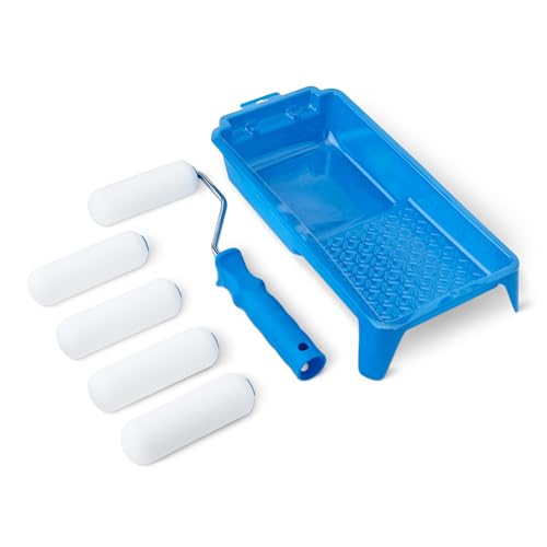 Amazon Basics Foam Kit, 4" Roller, 8 Pack, One Size, Complete Paint Roller Kit with Small Foam Paint Roller Covers, Frame, Tray and Liner for Professional Painting Results, Blue