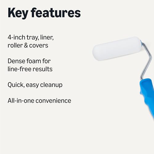 Amazon Basics Foam Kit, 4" Roller, 8 Pack, One Size, Complete Paint Roller Kit with Small Foam Paint Roller Covers, Frame, Tray and Liner for Professional Painting Results, Blue