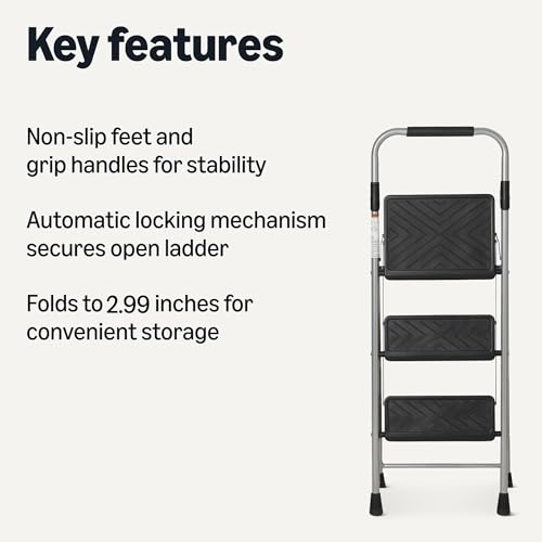 Amazon Basics Folding 3 Step Portable Ladder with Wide Anti-Slip Pedal, Black view 2