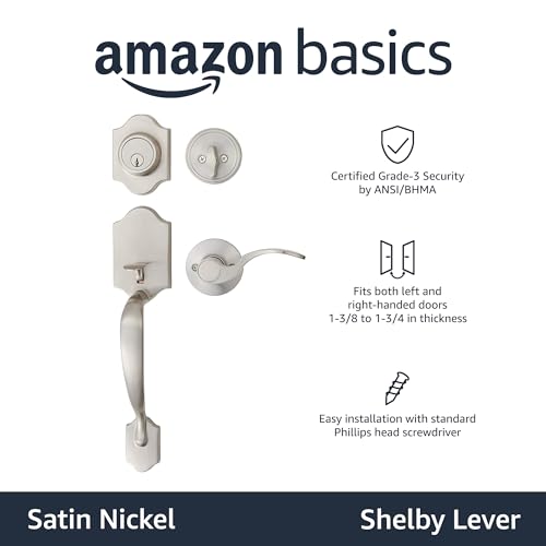 Amazon Basics Front Door Lock Set, Handleset with Shelby Lever, Level Door Handle, Exterior, Single Cylinder Packs, Satin Nickel, 1-Pack