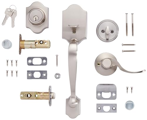 Amazon Basics Front Door Lock Set, Handleset with Shelby Lever, Level Door Handle, Exterior, Single Cylinder Packs, Satin Nickel, 1-Pack