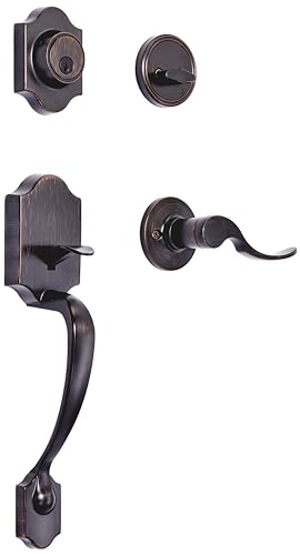 Amazon Basics Front Door Lock Set, Handleset with Shelby Lever, Level Door Handle, Exterior, Single Cylinder Packs, Oil Bronze, 1-Pack