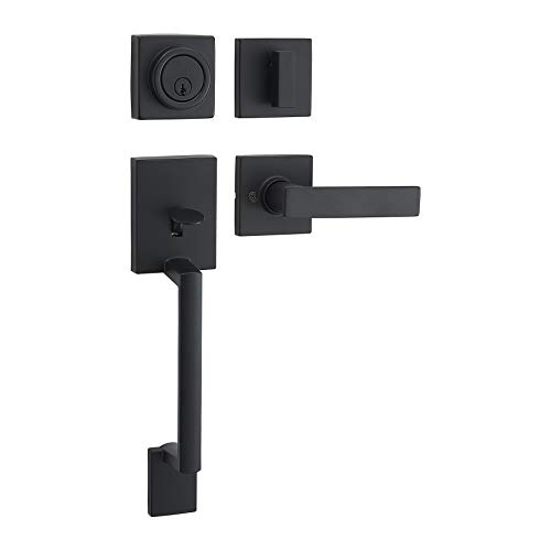 Amazon Basics Front Door Lock Set, Handleset with Stamford Lever, Level Door Handle, Exterior, Single Cylinder Packs, Matte Black, 1-Pack