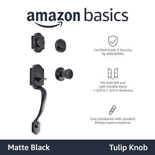 Amazon Basics Front Door Lock Set, Handleset with Tulip Knob, Level Door Handle, Exterior, Single Cylinder,Matte Black, 1-Pack