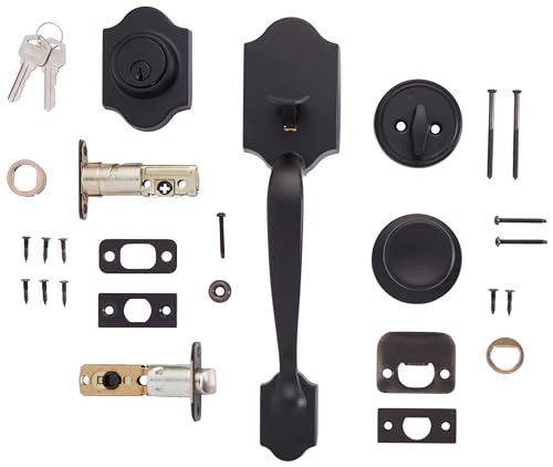 Amazon Basics Front Door Lock Set, Handleset with Tulip Knob, Level Door Handle, Exterior, Single Cylinder,Matte Black, 1-Pack
