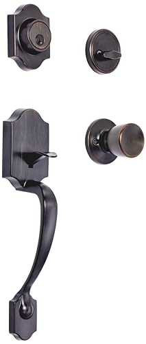 Amazon Basics Front Door Lock Set, Handleset with Tulip Knob, Easy Installation, Level Door Handle, Exterior, Single Cylinder, Oil Bronze, 1-Pack