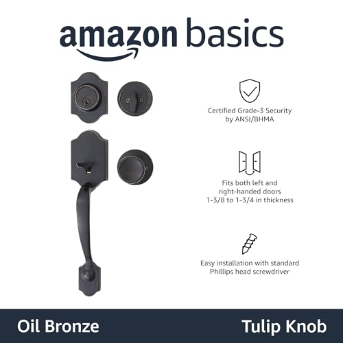 Amazon Basics Front Door Lock Set, Handleset with Tulip Knob, Easy Installation, Level Door Handle, Exterior, Single Cylinder, Oil Bronze, 1-Pack view 2
