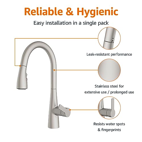 Amazon Basics Kitchen Faucet, Pull-Down Sink with Fast Mount, Spot-Free Stainless Finish, 1-Pack