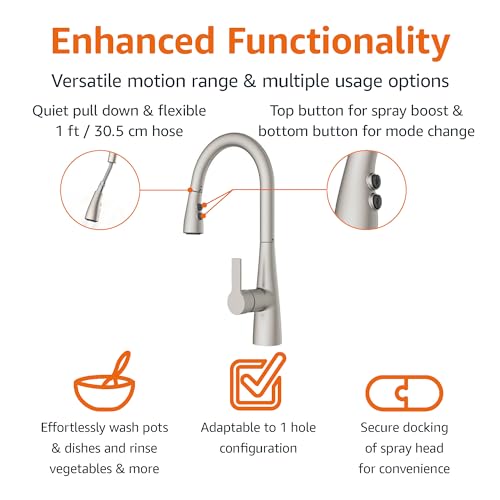 Amazon Basics Kitchen Faucet, Pull-Down Sink with Fast Mount, Spot-Free Stainless Finish, 1-Pack