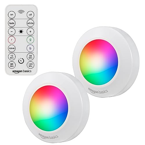 Amazon Basics LED Puck Lights, Color Changing, Battery Operated, IR Remote, 40 Lumens, 2 Pack, Wireless Stick on Lights, Under Cabinet Lighting, Ideal for Closets, and More, White