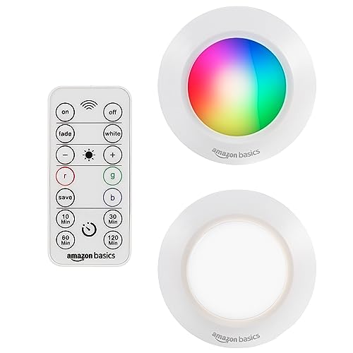 Amazon Basics LED Puck Lights, Color Changing, Battery Operated, IR Remote, 40 Lumens, 2 Pack, Wireless Stick on Lights, Under Cabinet Lighting, Ideal for Closets, and More, White