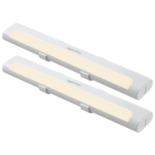 Amazon Basics LED Stick On Lights, Battery Operated, Wireless, 65 Lumens, Portable Light, Under Cabinet Lighting, Closet, Kitchen, 2 Pack, White