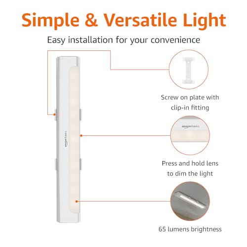 Amazon Basics LED Stick On Lights, Battery Operated, Wireless, 65 Lumens, Portable Light, Under Cabinet Lighting, Closet, Kitchen, 2 Pack, White