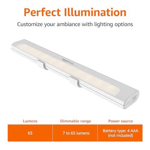 Amazon Basics LED Stick On Lights, Battery Operated, Wireless, 65 Lumens, Portable Light, Under Cabinet Lighting, Closet, Kitchen, 2 Pack, White