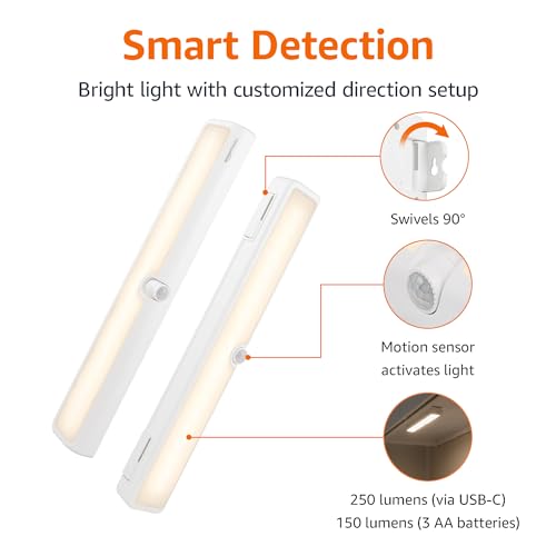 Amazon Basics LED USB/Battery Operated Light Bar, Swivel Motion Sensor, Stick on Lights, 250 Lumens, 12 Inches, Under Cabinet Lighting, Closet, Kitchen, 2 Pack, White