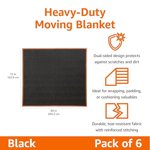 Amazon Basics Moving Blankets, 72" x 80", Pack of 6, Black