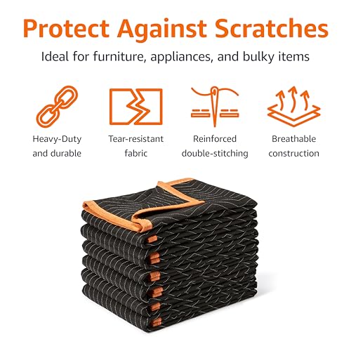 Amazon Basics Moving Blankets, 72" x 80", Pack of 6, Black