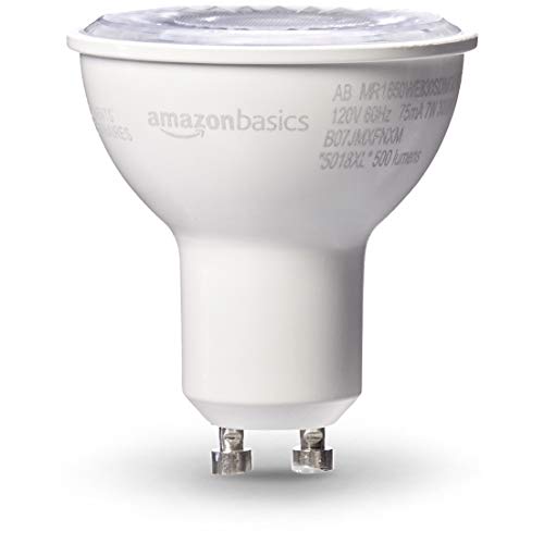 Amazon Basics MR16 LED Light Bulb, 50 Watt Equivalent, Energy Efficient 7W, GU10 Base, Warm White 3000K, Dimmable, 10,000 Hour Lifetime , 6-Pack