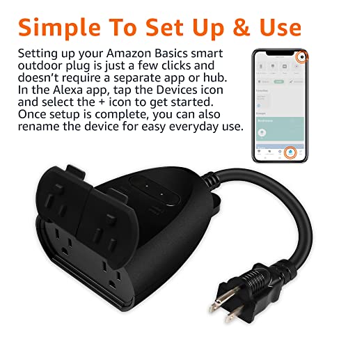 Amazon Basics Outdoor Smart Plug with 2 Individually Controlled Outlets, Works with Alexa Only, 2.4 GHz Wi-Fi, No Hub Required, Black