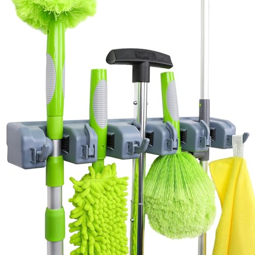 Amazon Basics Rectangular Heavy Duty, Wall Mount Storage Broom, Mop Holder or Tool Organizer with Hooks and Slots for Home, Garage, Garden, Laundry, or Kitchen, 2.36 x 16.9 x 3.35 in, Gray