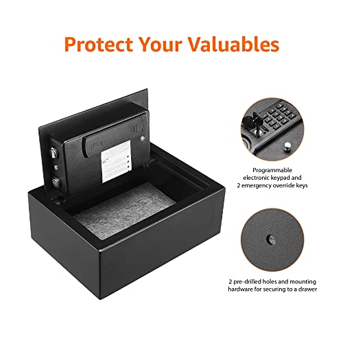 Amazon Basics Small Slim Desk Drawer Security Safe with Programmable Electronic Keypad, 0.1 Cubic Feet, Small Safe, Black, 11.8''W x 8.6''D x 4.4''H