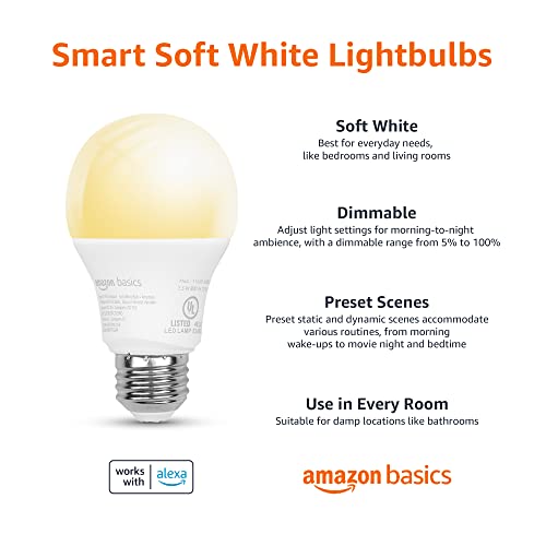 Amazon Basics Smart A19 LED Light Bulb, Dimmable Soft White (2700K), 7.5W (60W Equivalent), 800LM, Works with Alexa Only, 2.4 GHz Wi-Fi, No Hub Required, 1 Pack