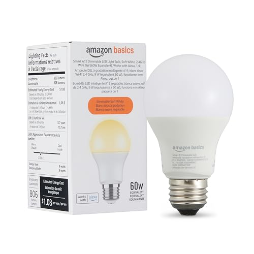 Amazon Basics Smart A19 LED Light Bulb, Dimmable Soft White (2700K), 9W (60W Equivalent), 800LM, Works with Alexa Only, 2.4 GHz Wi-Fi, No Hub Required, 1 Pack