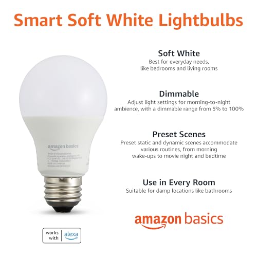 Amazon Basics Smart A19 LED Light Bulb, Dimmable Soft White (2700K), 9W (60W Equivalent), 800LM, Works with Alexa Only, 2.4 GHz Wi-Fi, No Hub Required, 4 Pack