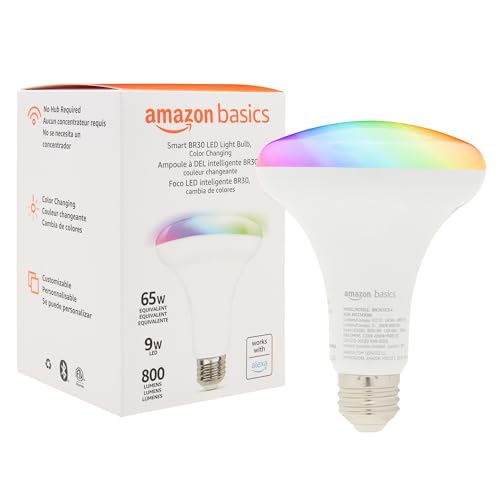 Amazon Basics Smart BR30 LED Light Bulb, Color Changing, 9W (60W Equivalent), 800LM, Works with Alexa Only, 2.4 GHz Wi-Fi, No Hub Required, 1 Pack