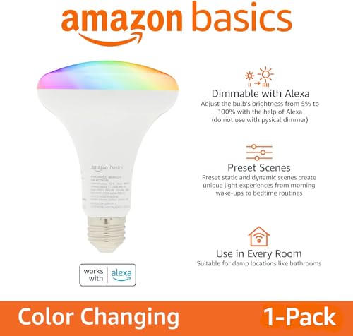 Amazon Basics Smart BR30 LED Light Bulb, Color Changing, 9W (60W Equivalent), 800LM, Works with Alexa Only, 2.4 GHz Wi-Fi, No Hub Required, 1 Pack