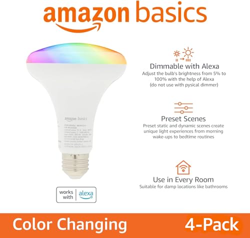Amazon Basics Smart BR30 LED Light Bulb, Color Changing, 9W (60W Equivalent), 800LM, Works with Alexa Only, 2.4 GHz Wi-Fi, No Hub Required, 4 Pack