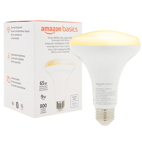 Amazon Basics Smart BR30 LED Light Bulb, Dimmable Soft White (2700K), 9W (60W Equivalent), 800LM, Works with Alexa Only, 2.4 GHz Wi-Fi, No Hub Required, 1 Pack