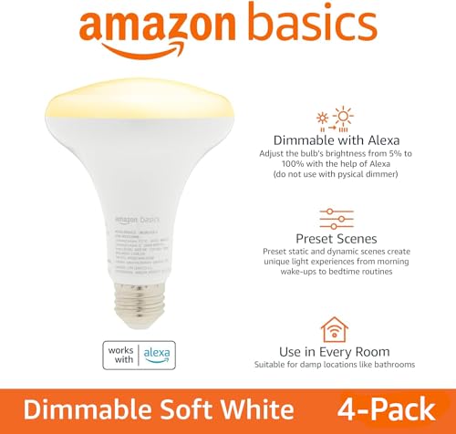 Amazon Basics Smart BR30 LED Light Bulbs for Bedroom Living Room, Dimmable Soft White (2700K), 9W (60W Equivalent), 800LM, Voice Control, Works with Alexa Only, 2.4 GHz Wi-Fi, No Hub Required, 4-Pack view 2
