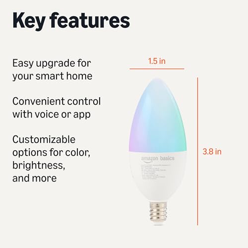 Amazon Basics Smart E12 LED Bulb, 6.0 Watts, 2.4 GHz Wi-Fi only, Works with Alexa Only, 4 Pack, Multicolor view 2