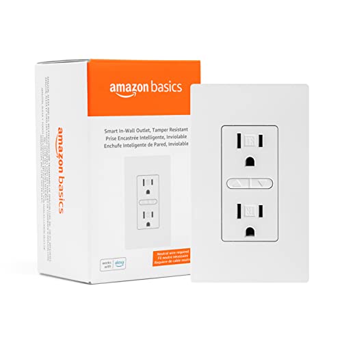 Amazon Basics Smart In-Wall Outlet, Works with Alexa Only, 15 Amps, 2.4 GHz Wi-Fi, No Hub Required, White