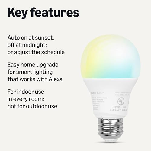 Amazon Basics Smart Indoor LED Light Bulb, Sunset-to-Midnight Activated, Works with Alexa Only, Tunable White, 7.5 W, 4-Pack