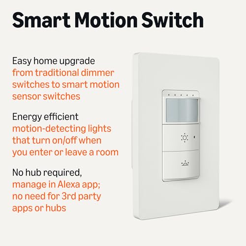 Amazon Basics Smart Motion Sensor Dimmer Switch, Single Pole, Works with Alexa Only, 2.4 GHz Wi-Fi, No Hub Required, 1 Pack, White