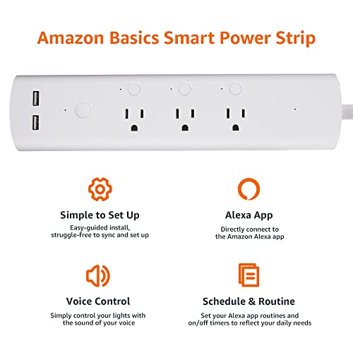 Amazon Basics Smart Plug Power Strip with 3 Individually Controlled Outlets and 2 USB-A Ports, Works with Alexa Only, 2.4 GHz Wi-Fi, No Hub Required, White
