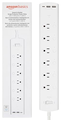 Amazon Basics Smart Plug Power Strip with 6 Individually Controlled Outlets and 3 USB Ports (2 USB-A and 1 USB-C), Works with Alexa Only, 2.4 GHz Wi-Fi, No Hub Required, White