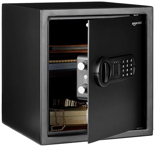Amazon Basics Steel Home Security Electronic Safe with Programmable Keypad Lock for Documents, Jewelry, Valuables, 1.2 Cubic Feet, Black, 13"W x 13"D x 14.2"H