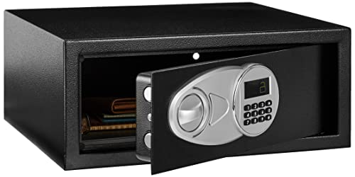 Amazon Basics Steel Security Safe and Lock Box with Programmable Electronic Keypad, Secure for Cash, Jewelry, Documents, Black, 0.7 Cubic Feet, 16.9-x-14.6-x-7.1-inches (WxDxH)