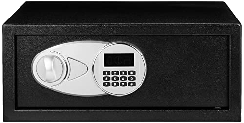 Amazon Basics Steel Security Safe and Lock Box with Programmable Electronic Keypad, Secure for Cash, Jewelry, Documents, Black, 0.7 Cubic Feet, 16.9-x-14.6-x-7.1-inches (WxDxH)