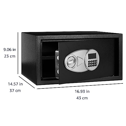 Amazon Basics Steel Security Safe Box with Digital Keypad, for Valuables, Cash, Jewelry, Documents, Removable Shelf, Black, 1 Cubic Foot, 16.9"x14.6"x9.1" (WxDxH) view 2