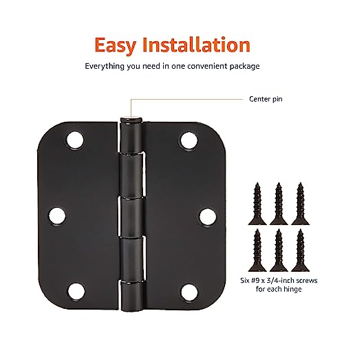 Amazon Basics Sturdy Rounded 5/8 Radius Interior Door Hinges, 3.5" x 3.5", 18 Pack, Matte Black