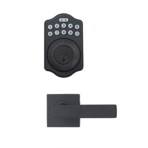 Amazon Basics Traditional Electronic Keypad, Keyless Entry Door Lock Deadbolt with Handle Set, Key Pad Front Door with Knob, Traditional Door Locks for Front Door, Door Handle, Matte Black, 1-Pack
