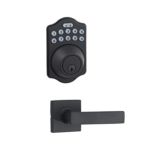 Amazon Basics Traditional Electronic Keypad, Keyless Entry Door Lock Deadbolt with Handle Set, Key Pad Front Door with Knob, Traditional Door Locks for Front Door, Door Handle, Matte Black, 1-Pack