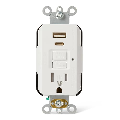 Amazon Basics Weather Resistant GFCI Receptacle with USB Port, 15Amps Self-Test GFCI Outlet, USB A+C Port, Tamper Resistant, White, 1 Pack.