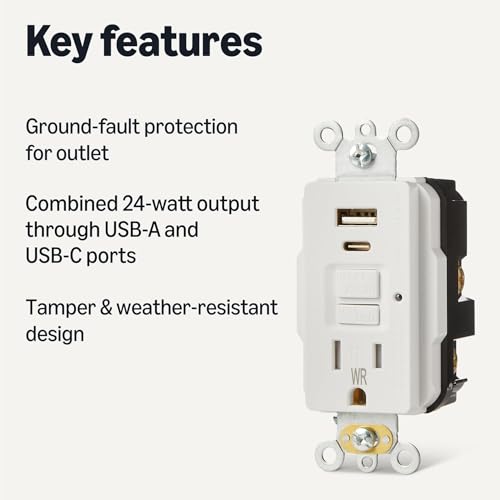 Amazon Basics Weather Resistant GFCI Receptacle with USB Port, 15Amps Self-Test GFCI Outlet, USB A+C Port, Tamper Resistant, White, 1 Pack. view 2