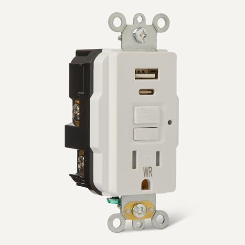 Amazon Basics Weather Resistant GFCI Receptacle with USB Port, 15Amps Self-Test GFCI Outlet, USB A+C Port, Tamper Resistant, White, 1 Pack. view 3